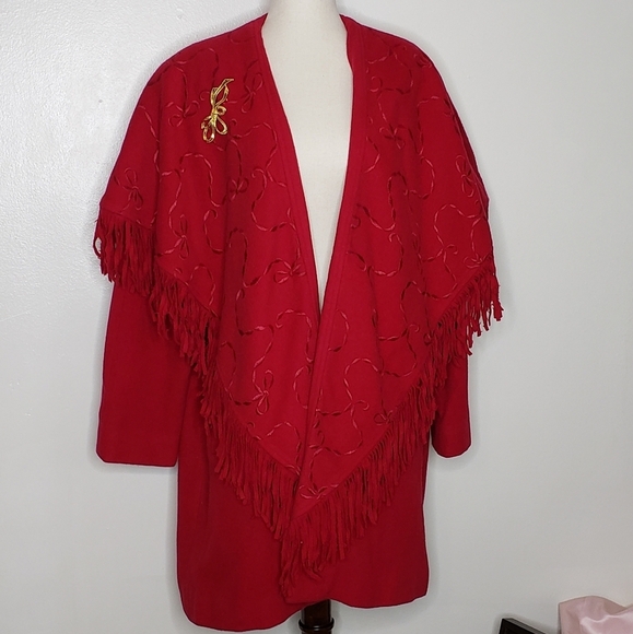 LIKE NEW Vintage Red Wool Fringe Embroidered Pea Coat Western Bohemian Winter - Picture 5 of 16